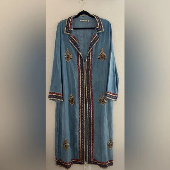Soft Surroundings Heavily Beaded Embroidered Tencel Duster Coat - Indigo, Large - Picture 3 of 12